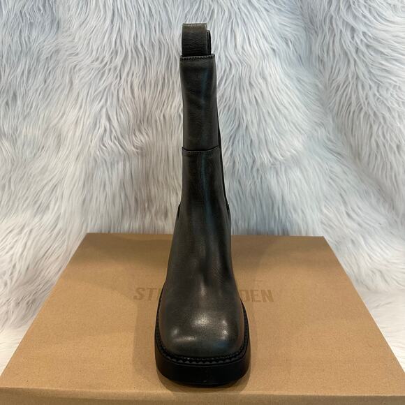 Steve Madden Maren Leather Mid-Calf Chelsea Boots Block Low Heel Dark Gray - Picture 4 of 8